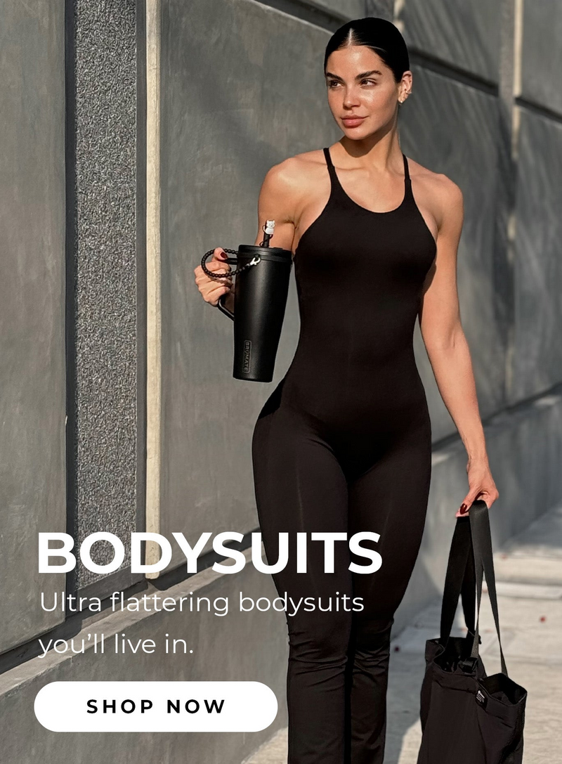 model wearing the black bodysuit with white copy that says, "BODYSUITS Ultra flattering bodysuits you'll live in" with a white call to action button that says shop now