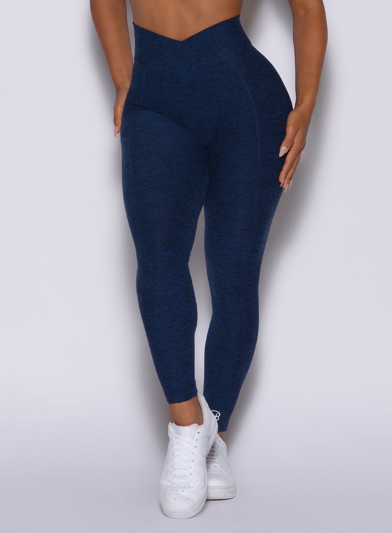 Zoomed in front view of our Brazilian contour leggings in sapphire blue color