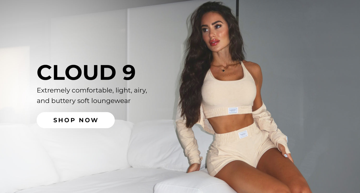 model in the vanilla cloud lounge set and over the image the text reads "CLOUD 9 Extremely comfortable, light, airy, and buttery soft loungewear" with a CTA that says "SHOP NOW"