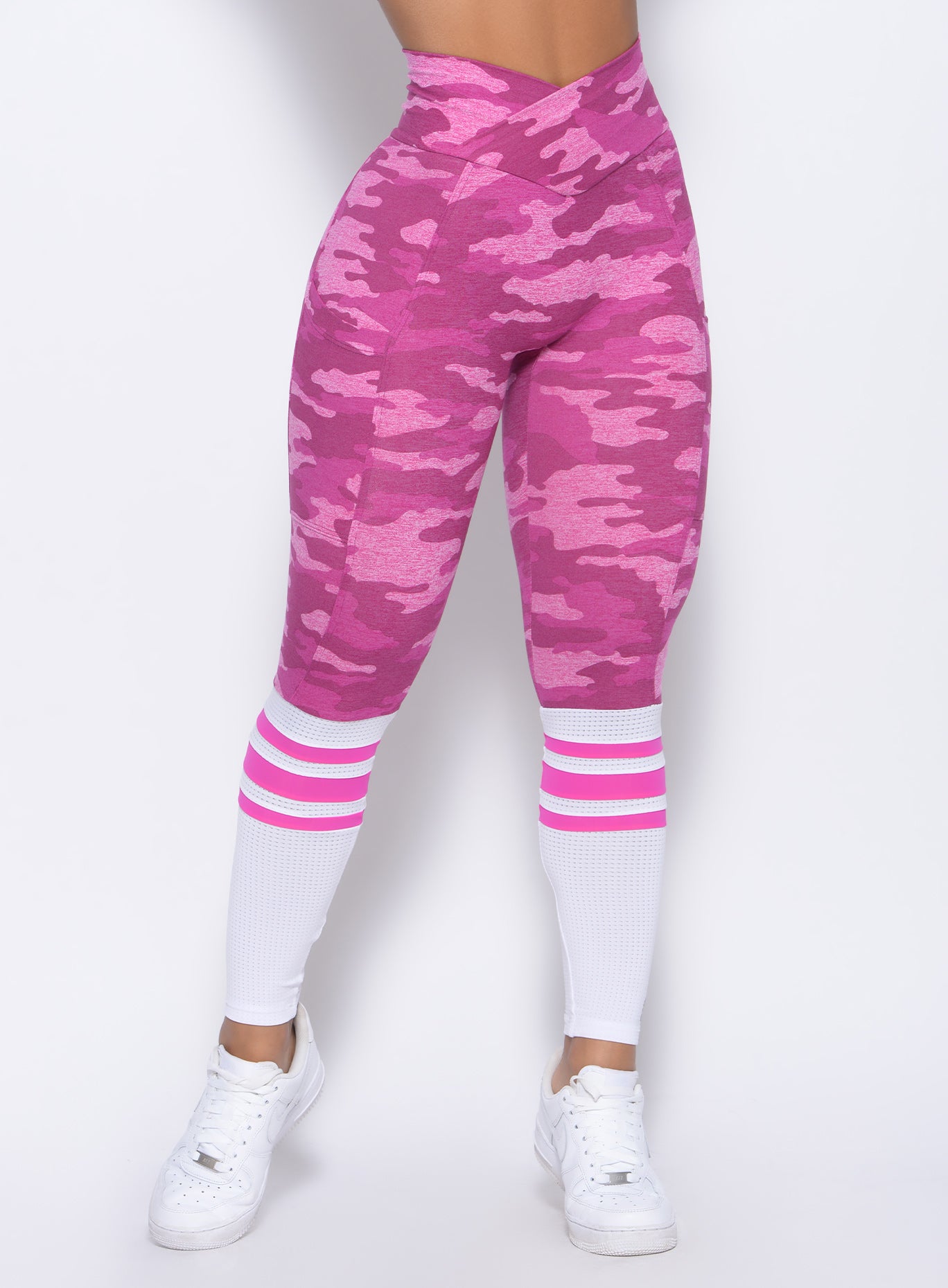 Zoomed in front view of our pink camo contour sock leggings