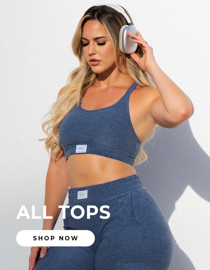 Model wearing the twilight cloud lounge set with white text in bottom left corner that says ALL TOPS and a CTA that says SHOP NOW